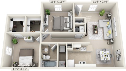 Floor plan for 2 beds, 1 bath, 890 sqft