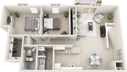 Floor plan for 2 beds, 1 bath, 1040 sqft
