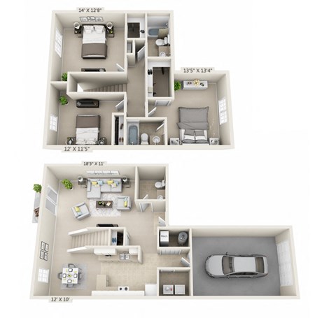 Floor plan for 3 beds, 2.5 baths, 1490 sqft