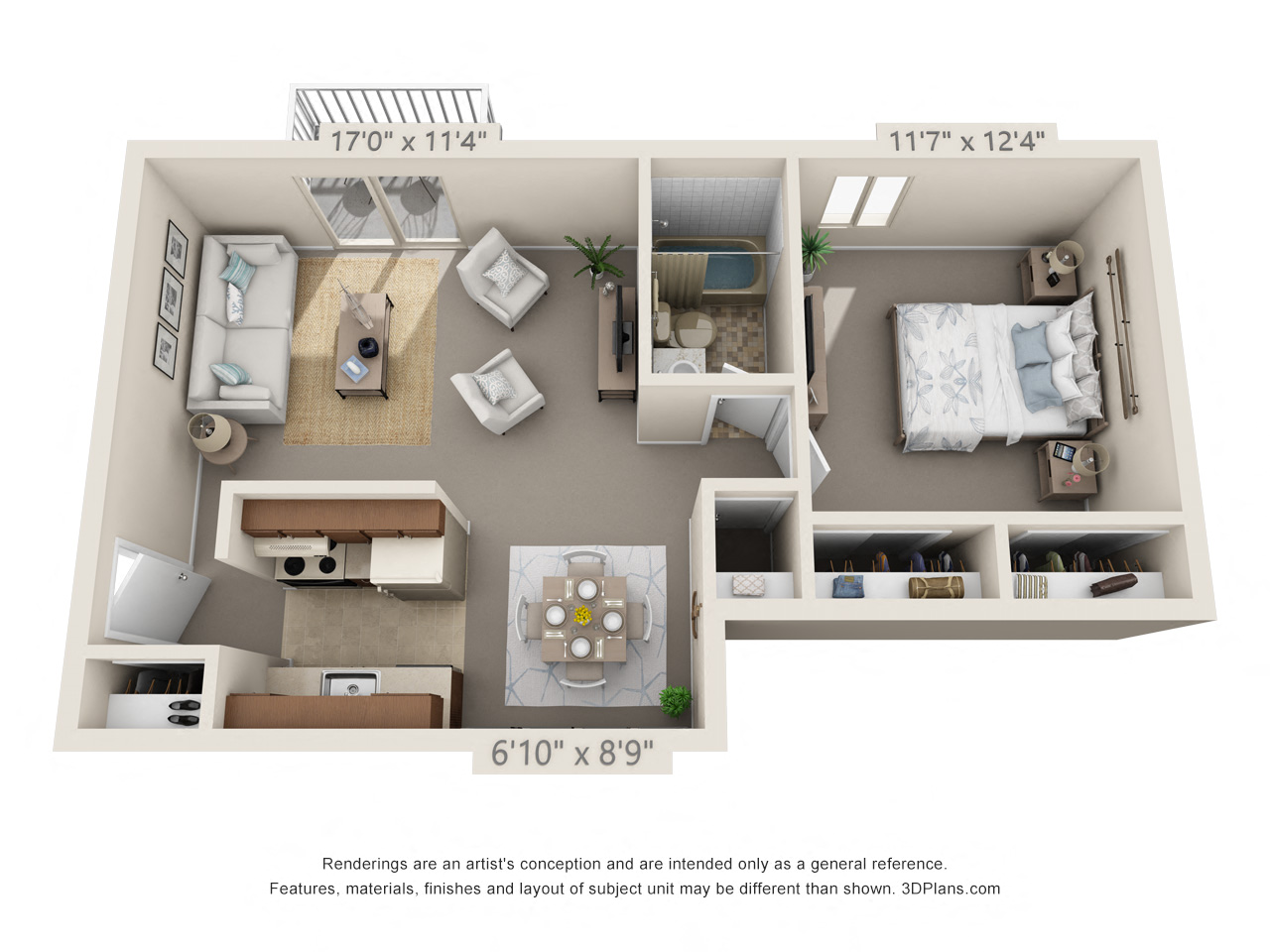 Floor plan for 1 bed, 1 bath, 560 sqft