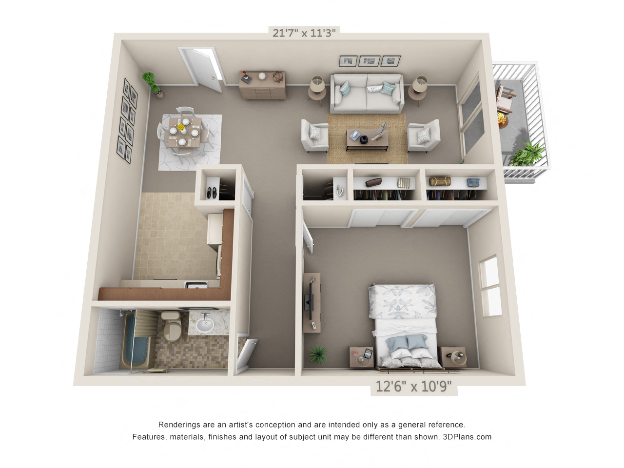 Floor plan for 1 bed, 1 bath, 560 sqft