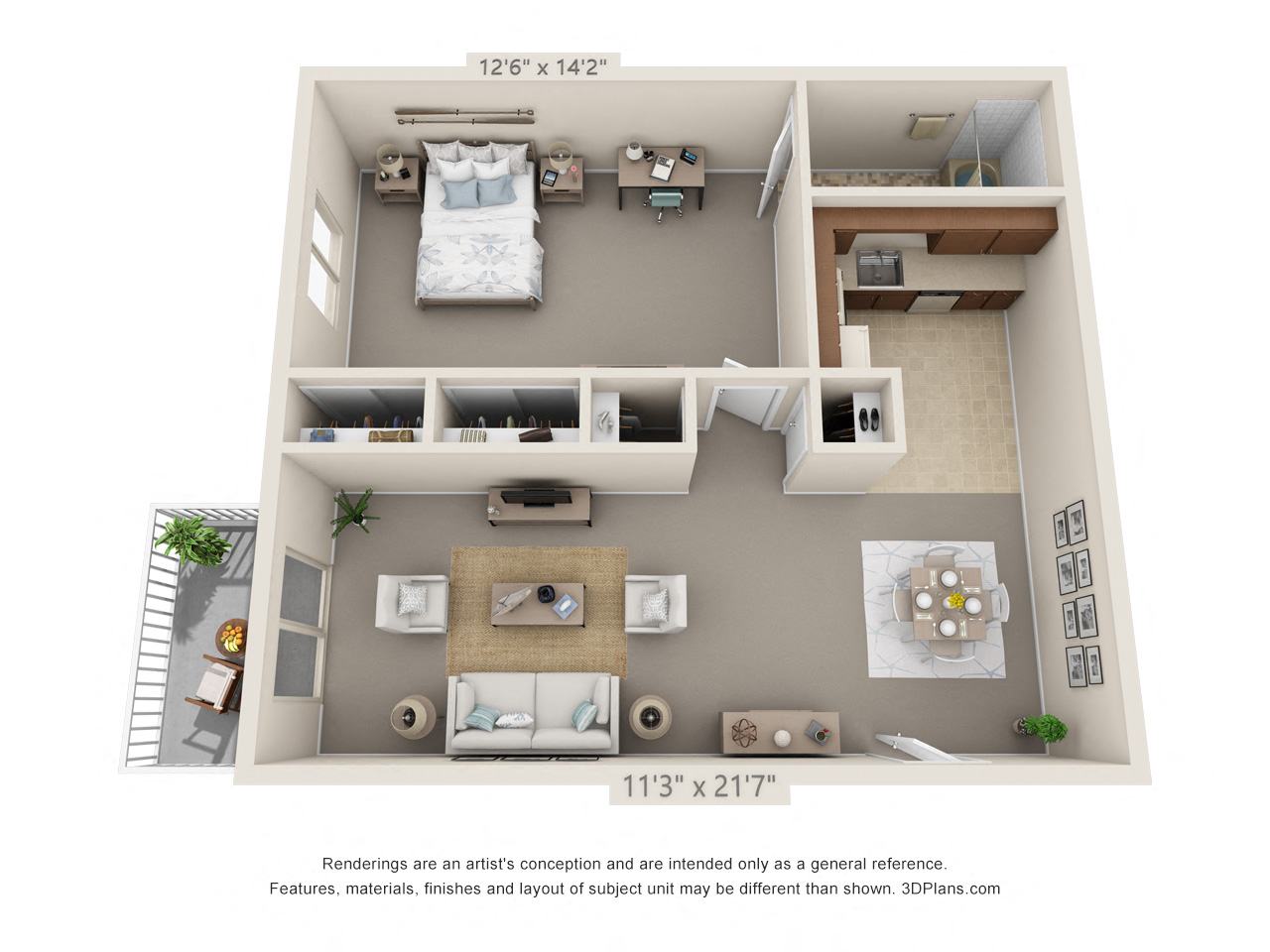 Floor plan for 1 bed, 1 bath, 565 sqft