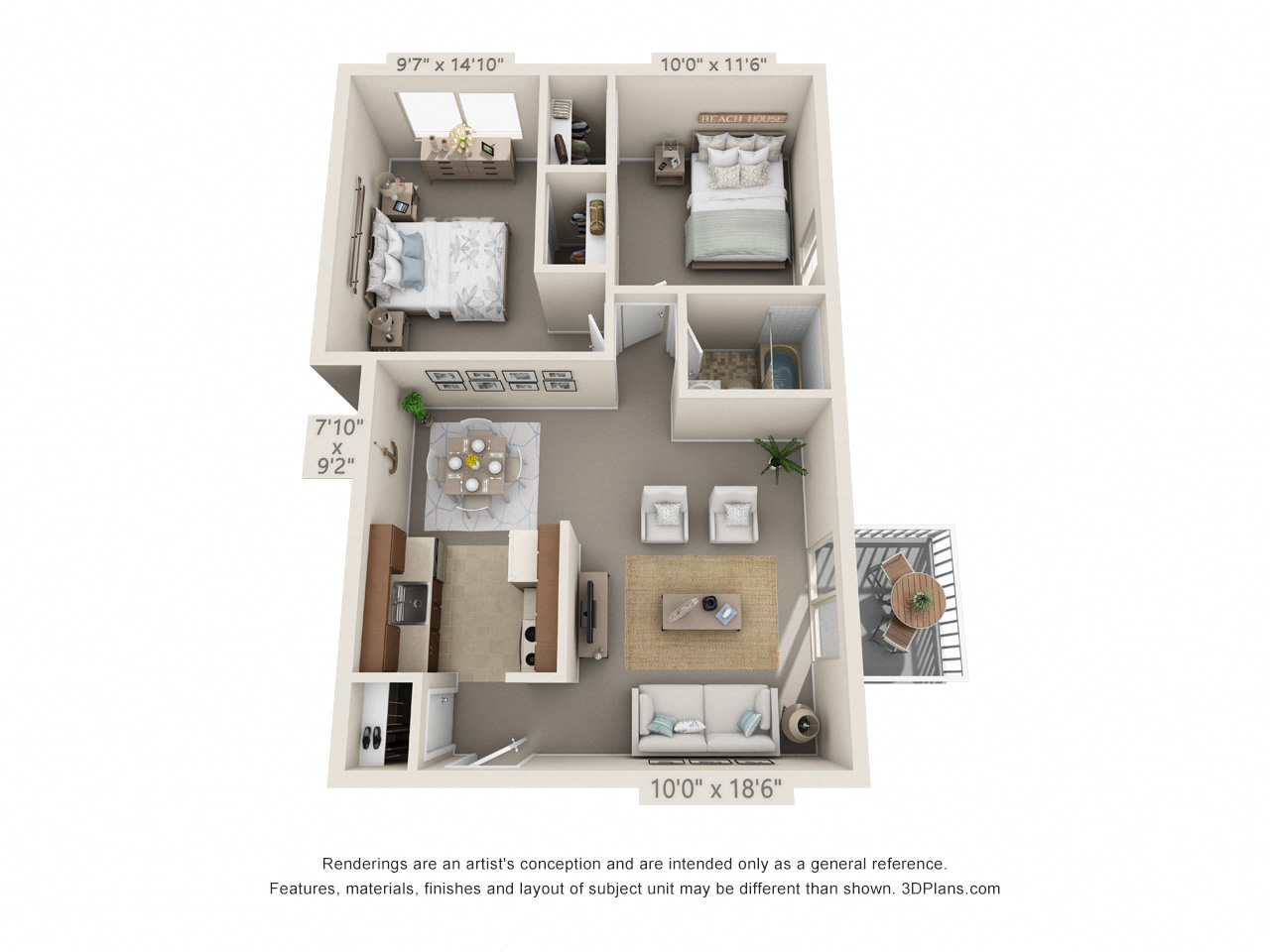 Floor plan for 2 beds, 1 bath, 722 sqft