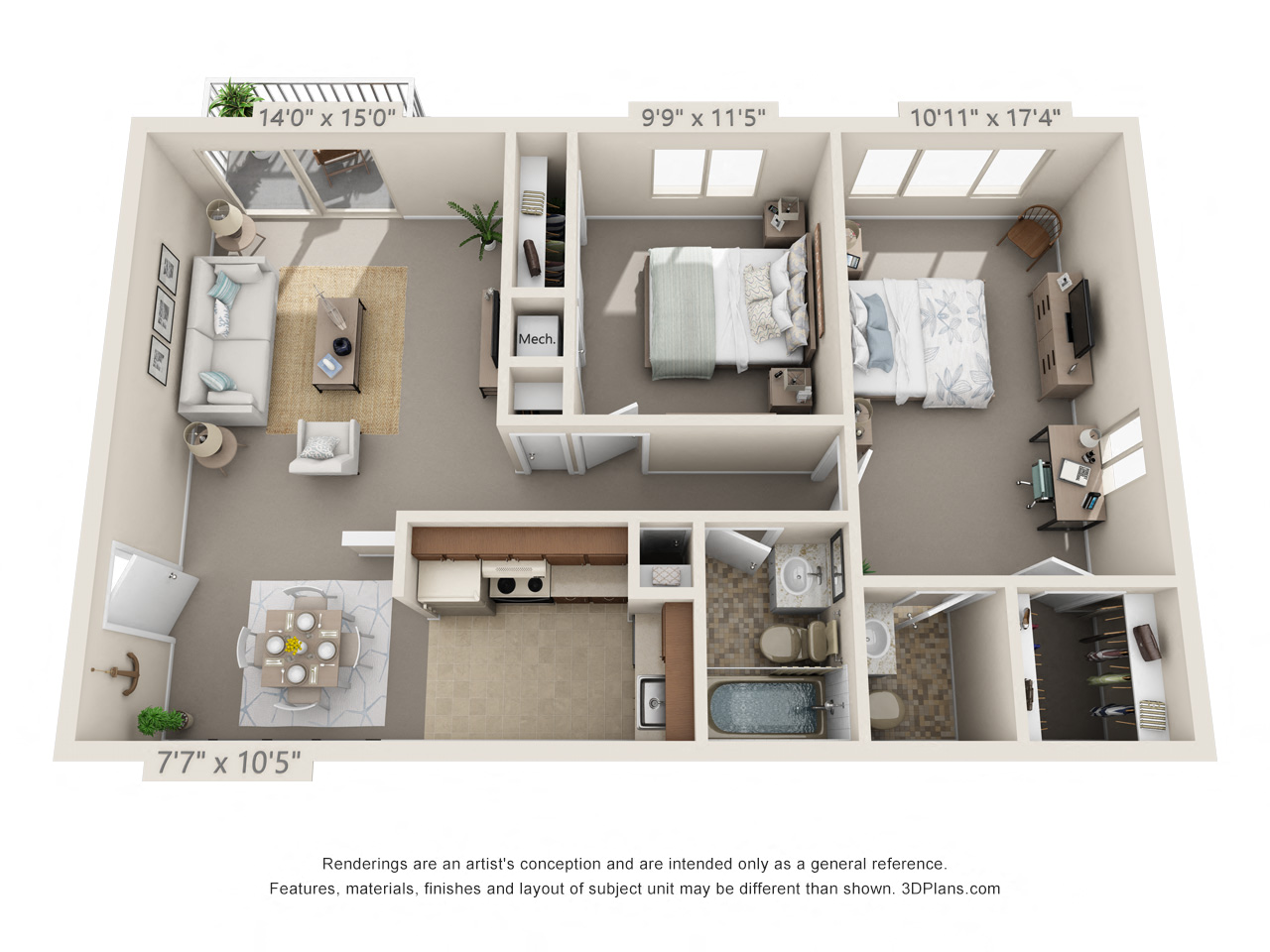 Floor plan for 2 beds, 1.5 baths, 823 sqft