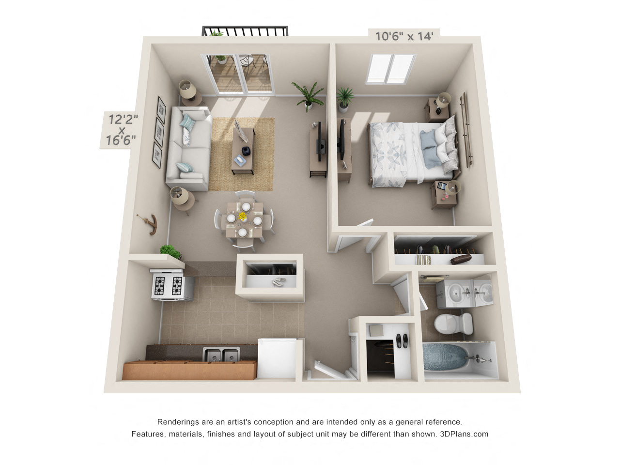 Floor plan for 1 bed, 1 bath, 543 sqft