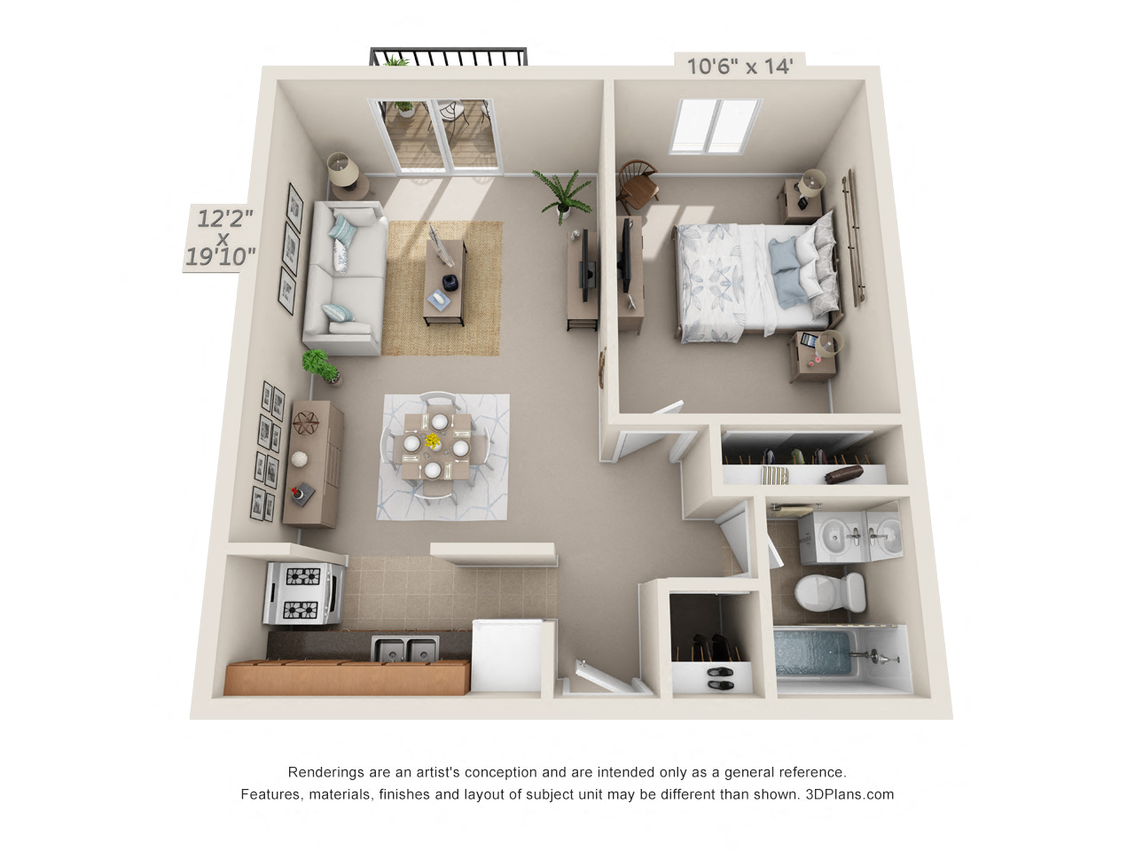 Floor plan for 1 bed, 1 bath, 543 sqft