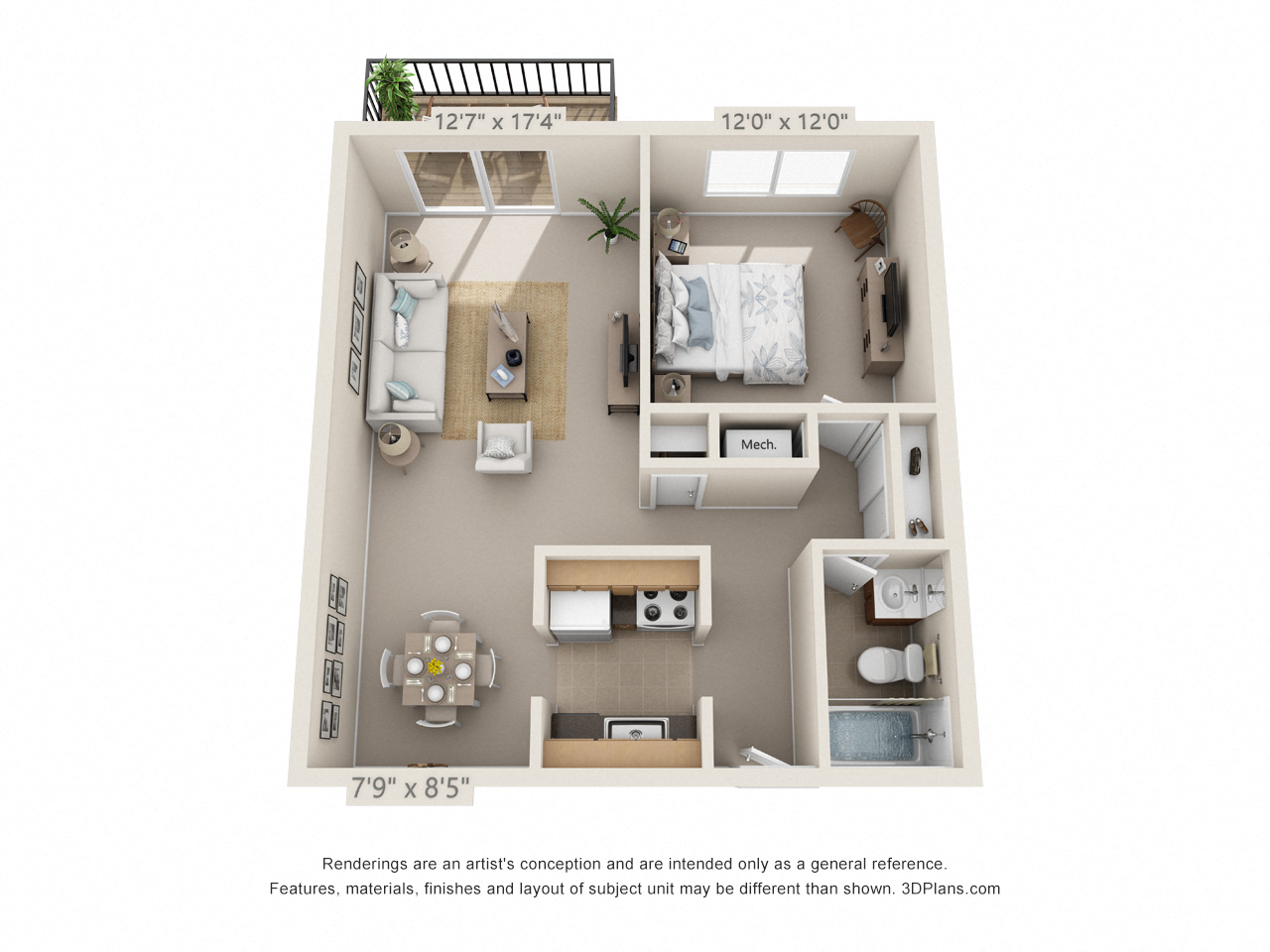Floor plan for 1 bed, 1 bath, 652 sqft
