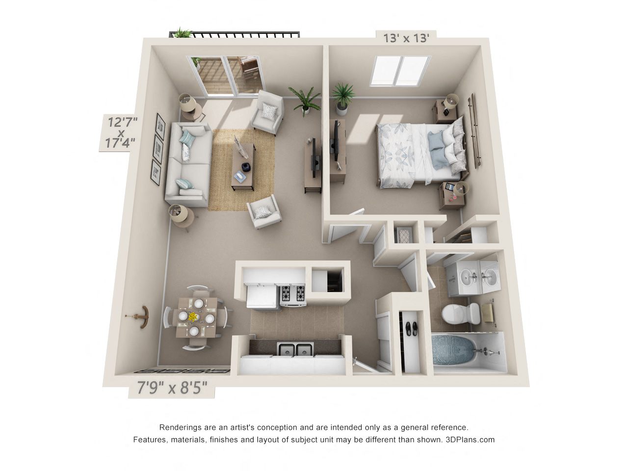 Floor plan for 1 bed, 1 bath, 705 sqft