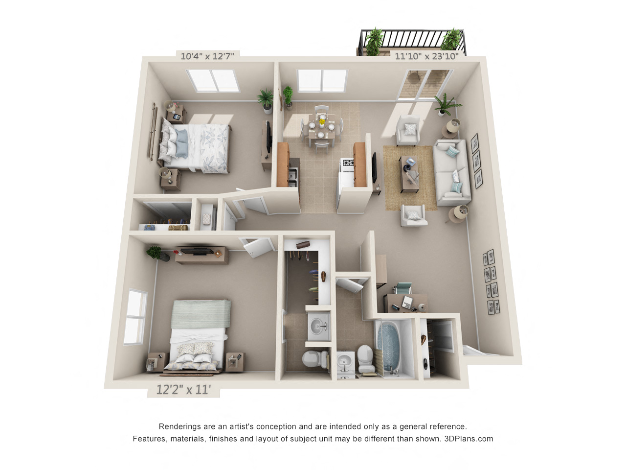 Floor plan for 2 beds, 1.5 baths, 865 sqft