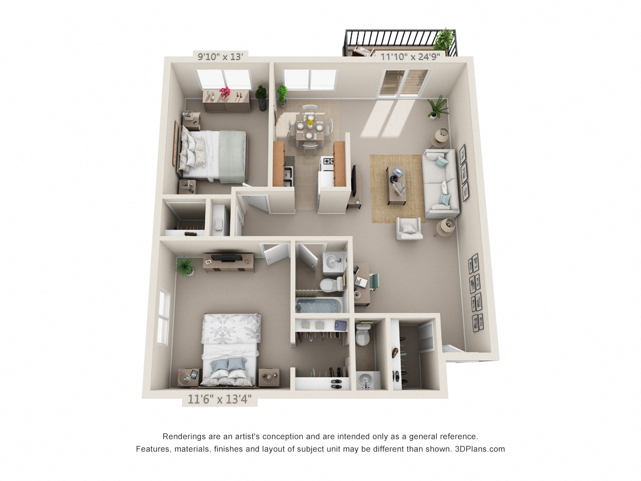 Floor plan for 2 beds, 1.5 baths, 865 sqft