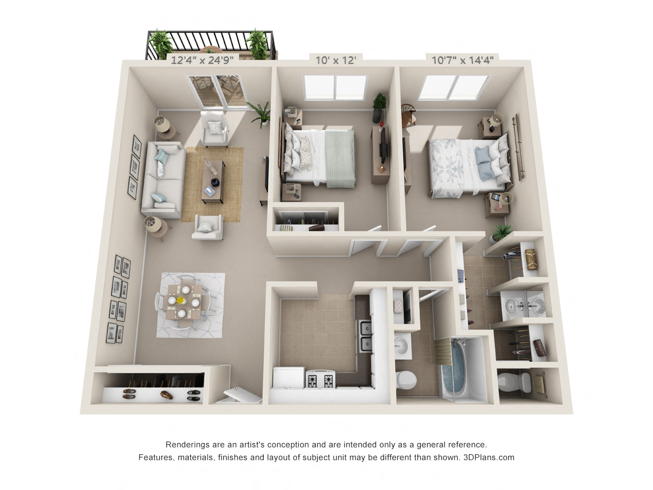 Floor plan for 2 beds, 1.5 baths, 872 sqft