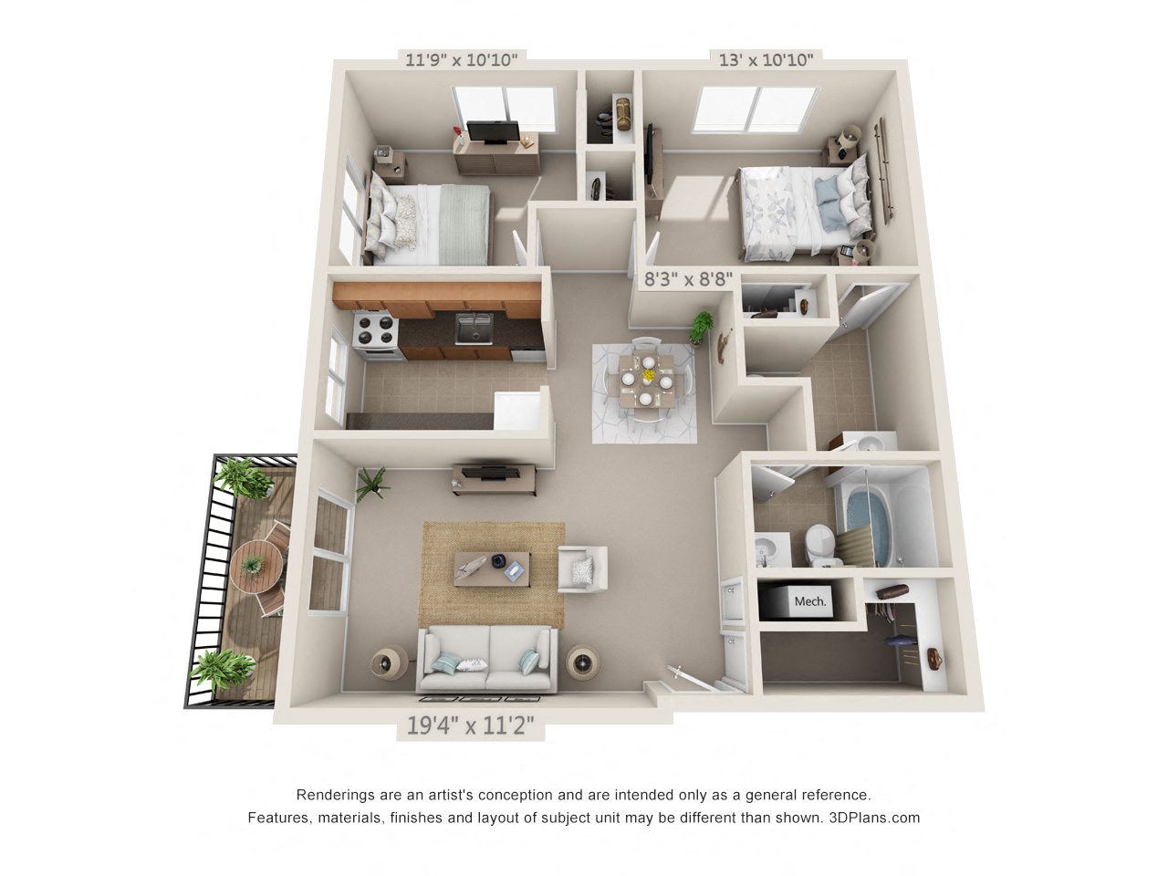 Floor plan for 2 beds, 1.5 baths, 899 sqft