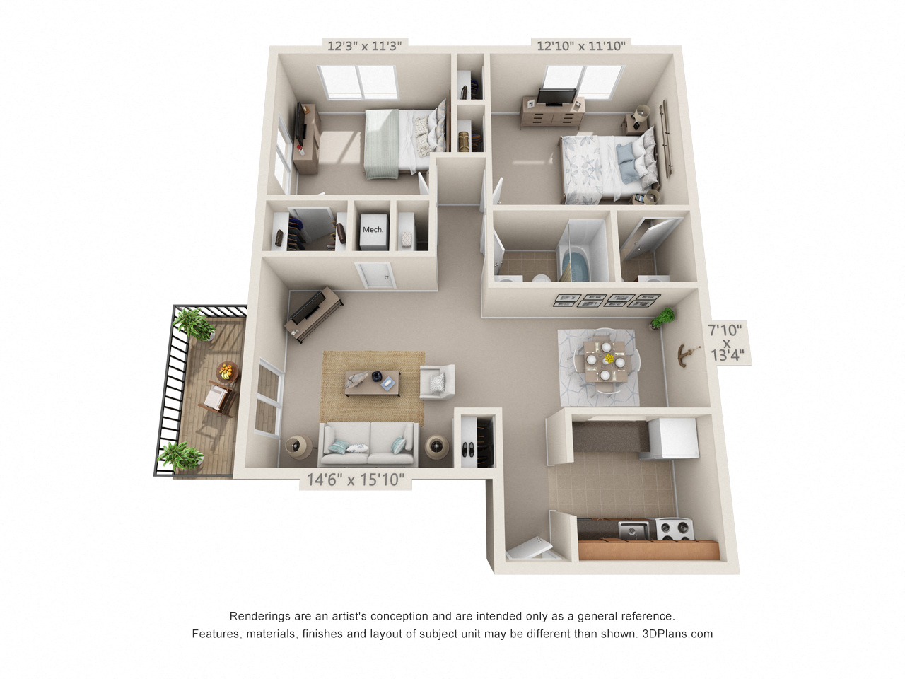 Floor plan for 2 beds, 1.5 baths, 902 sqft