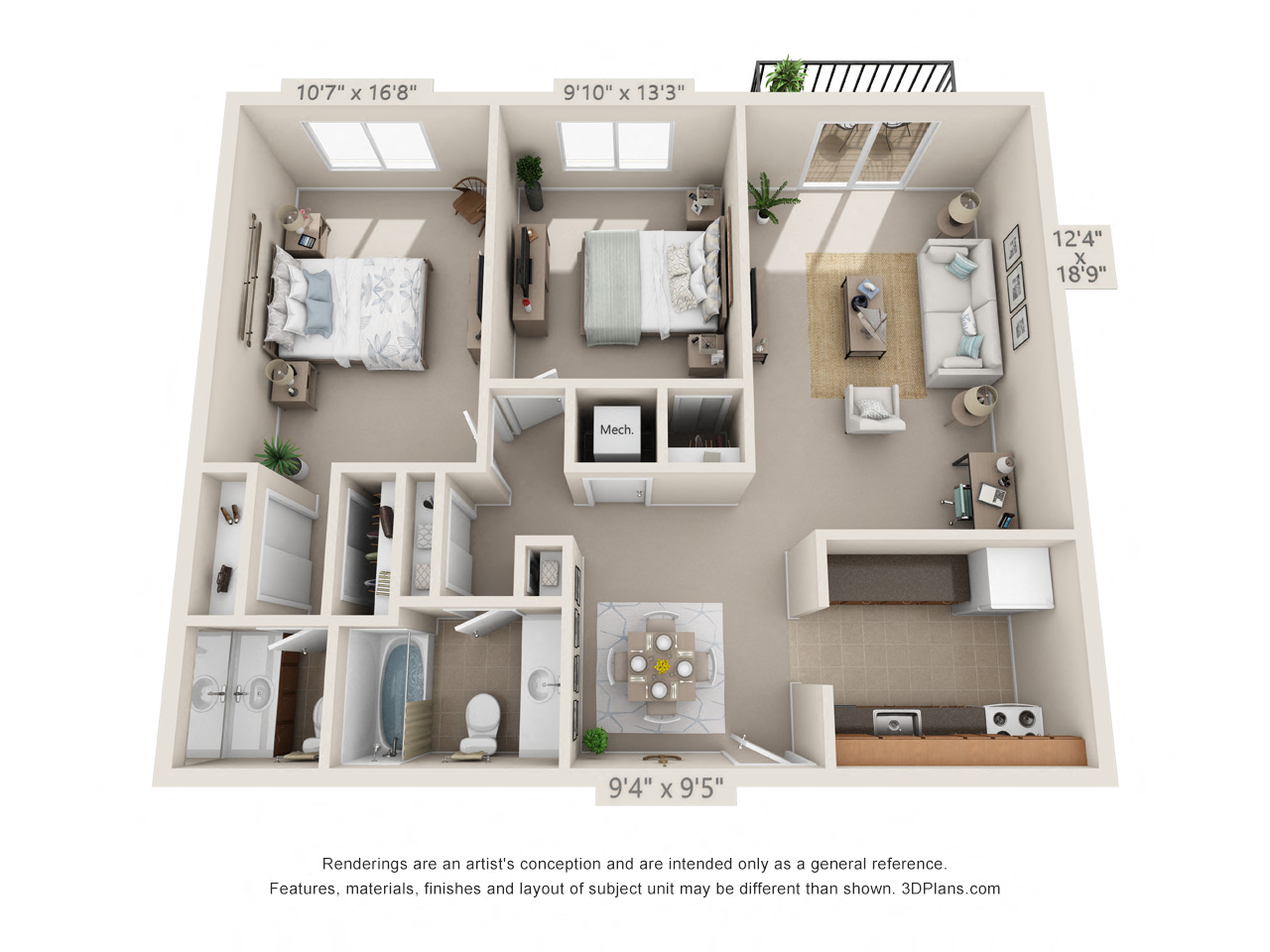 Floor plan for 2 beds, 1.5 baths, 938 sqft