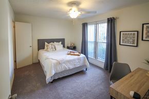 Dallas apartment for rent - Photo of the bedroom in a 692 square foot 1 bed, 1 bath model aprtment at Cambridge Court Apartments in Dallas Texas