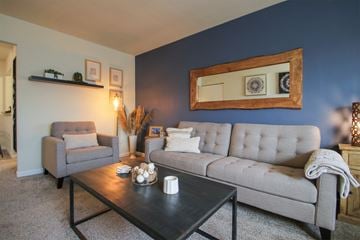 Cincinnati apartment for rent - a living room with blue walls and couches and a coffee table