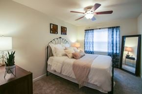 Cincinnati apartment for rent - This is a photo of the bedroom of the 550 square foot 1 bedroom, 1 bath, balcony floor plan model apartment at College Woods Apartments in Cincinnati, OH.