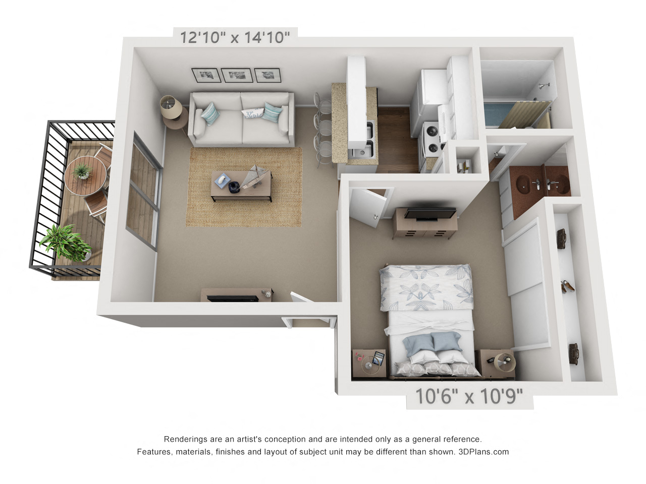 Floor plan for 1 bed, 1 bath, 477 sqft