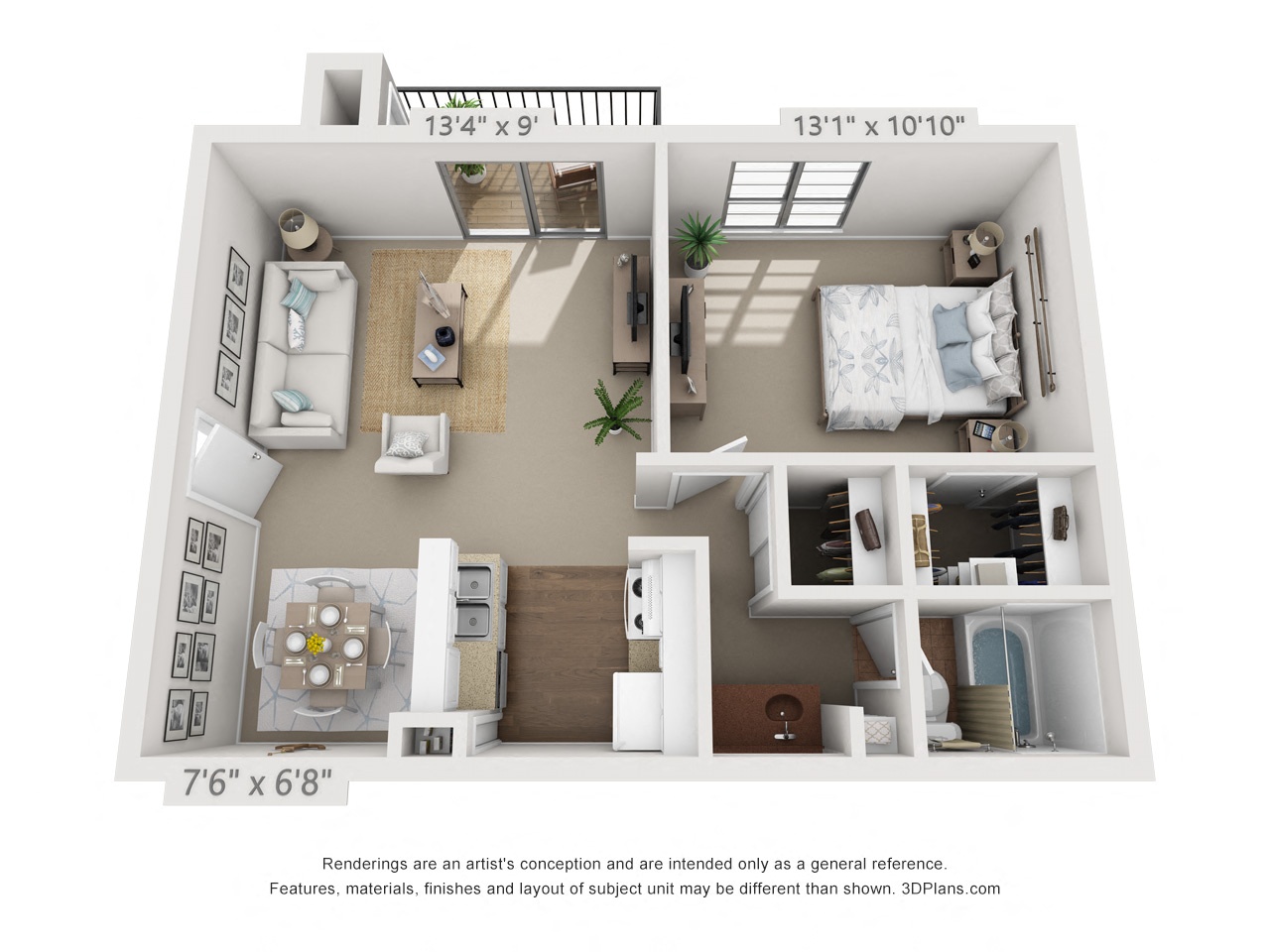 Floor plan for 1 bed, 1 bath, 575 sqft