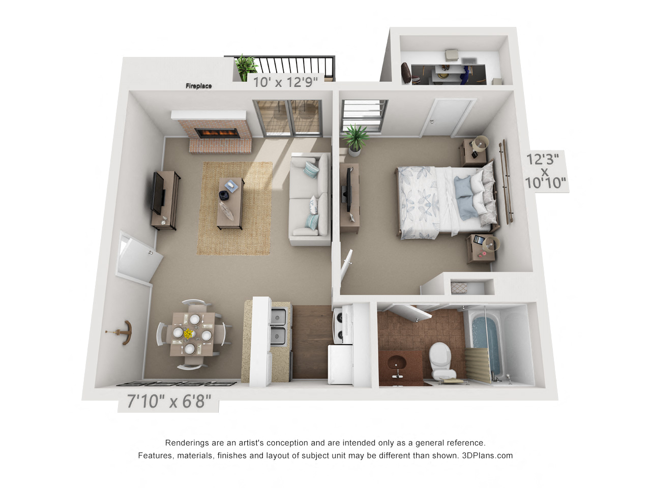 Floor plan for 1 bed, 1 bath, 515 sqft