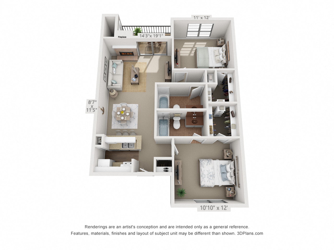 Floor plan for 2 beds, 2 baths, 880 sqft