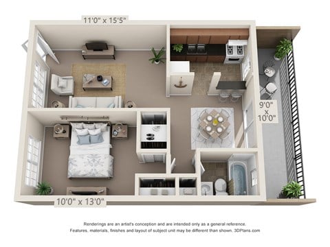 Floor plan for 1 bed, 1 bath, 550 sqft