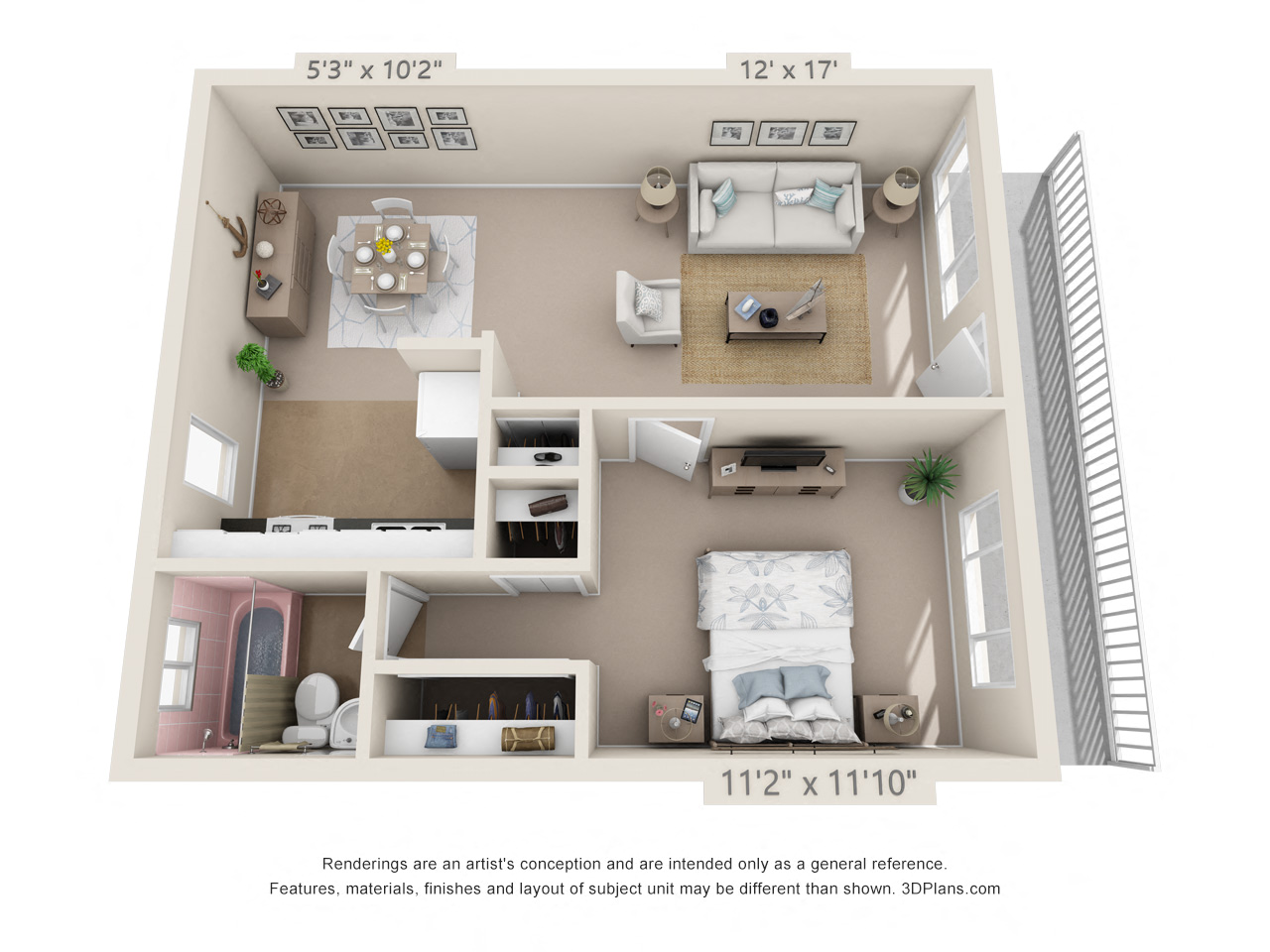 Floor plan for 1 bed, 1 bath, 631 sqft