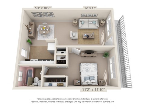 Floor plan for 1 bed, 1 bath, 631 sqft