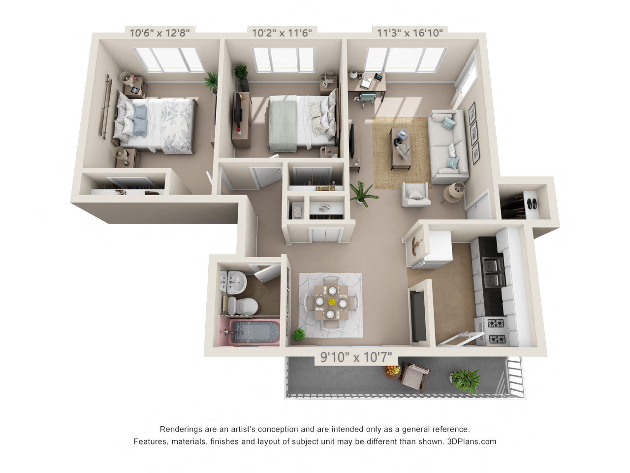 Floor plan for 2 beds, 1 bath, 758 sqft