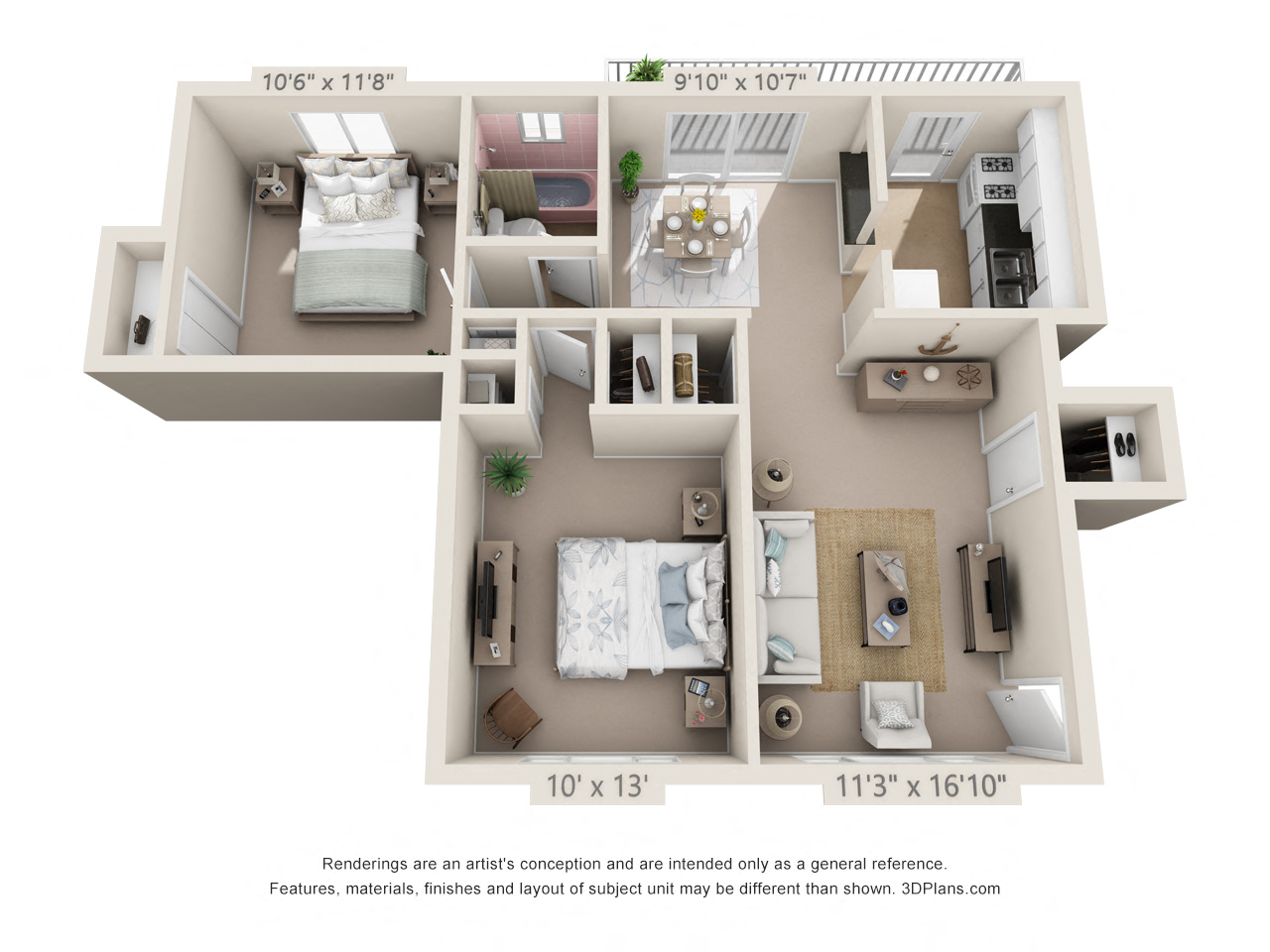 Floor plan for 2 beds, 1 bath, 758 sqft