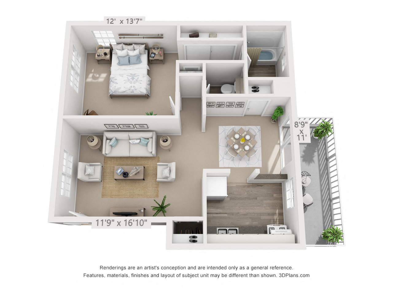 Floor plan for 1 bed, 1.5 baths, 740 sqft