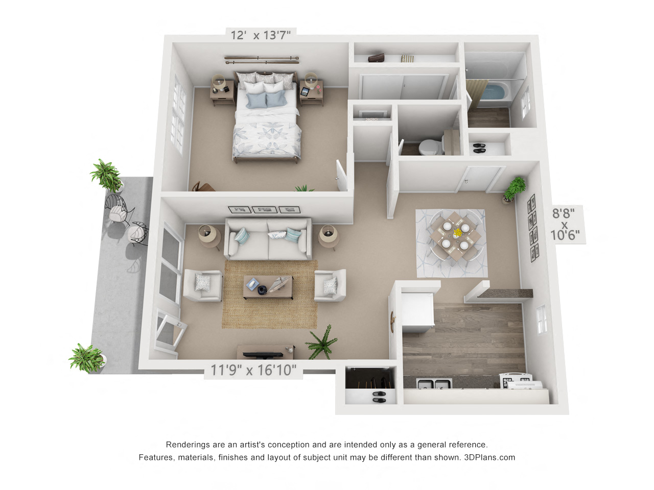 Floor plan for 1 bed, 1.5 baths, 740 sqft