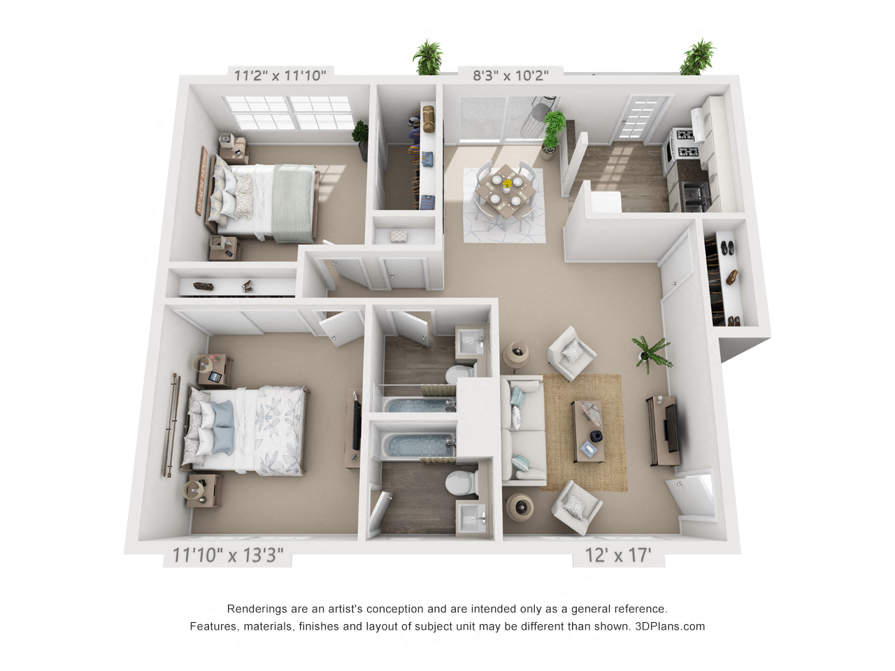 Floor plan for 2 beds, 2 baths, 880 sqft