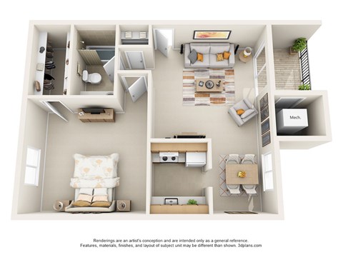 Floor plan for 1 bed, 1 bath, 650 sqft