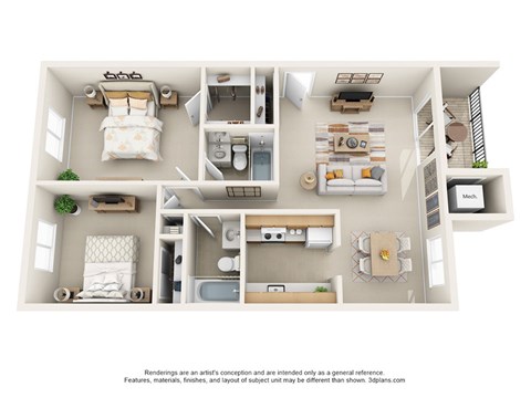 Floor plan for 2 beds, 2 baths, 950 sqft