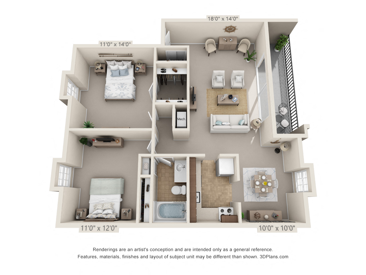 Floor plan for 2 beds, 1 bath, 980 sqft