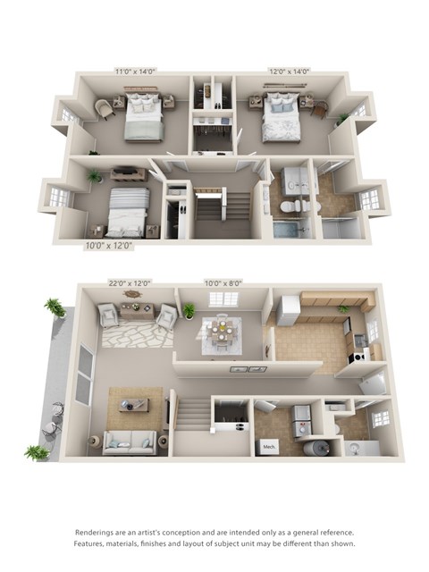 Floor plan for 3 beds, 2.5 baths, 1460 sqft