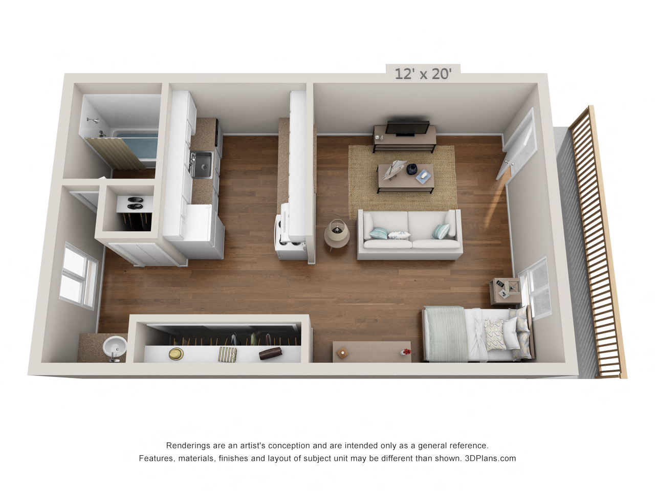 Floor plan for studio, 1 bath, 500 sqft