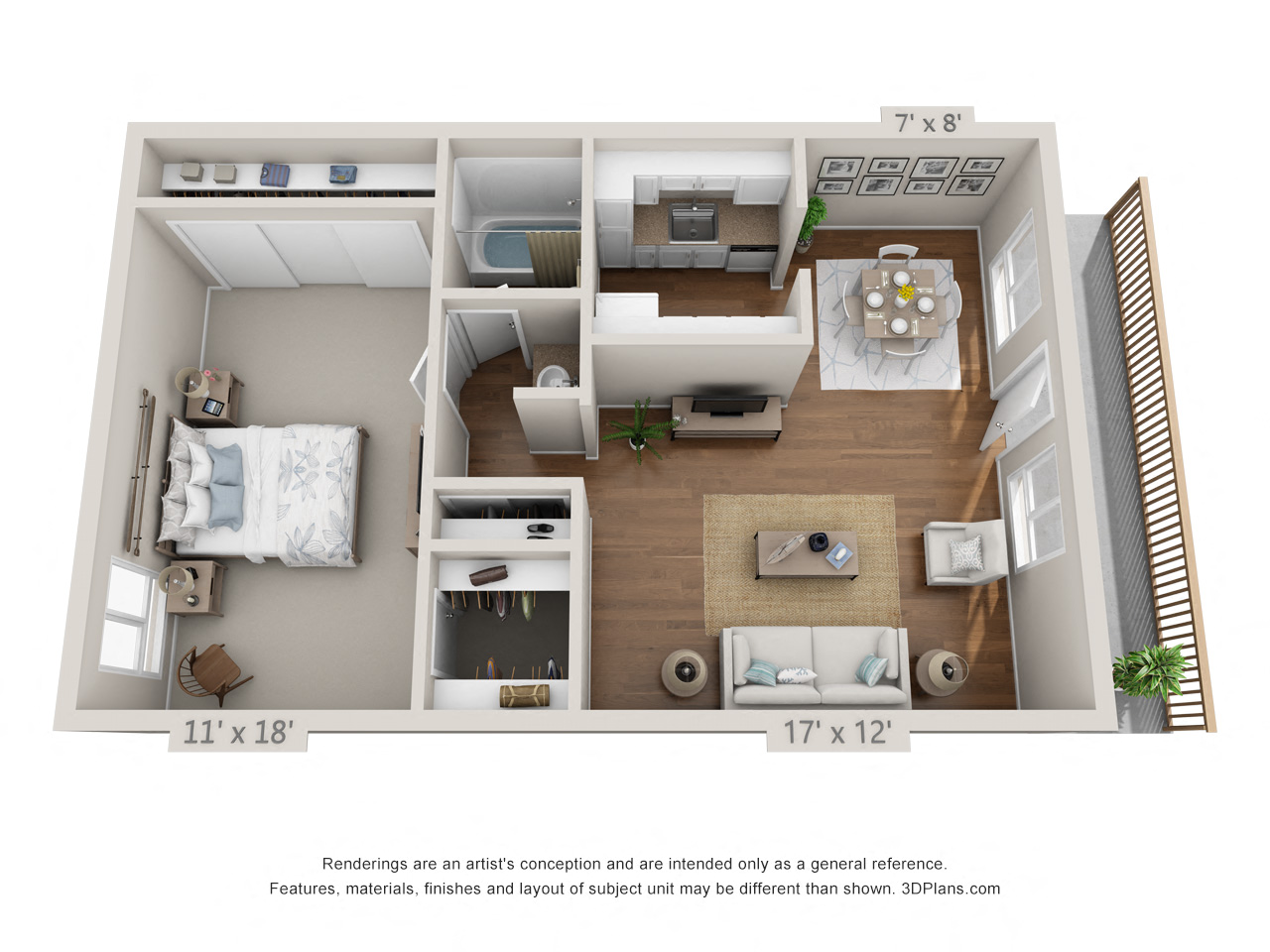 Floor plan for 1 bed, 1 bath, 653 sqft