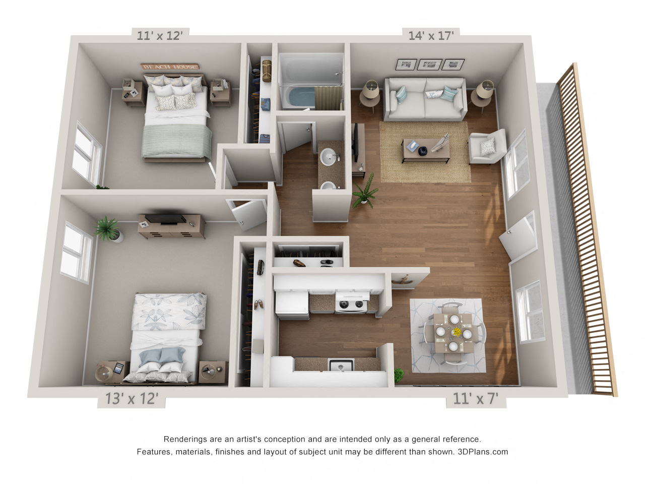 Floor plan for 2 beds, 1 bath, 871 sqft
