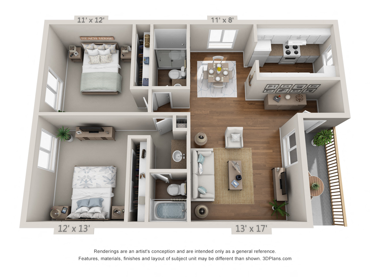 Floor plan for 2 beds, 2 baths, 965 sqft