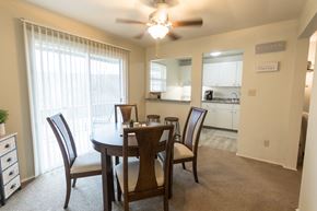 Mt. Healthy apartment for rent - This is a photo of the dining room of the 1 bedroom, 631 square foot model apartment at Lake of the Woods Apartments in Cincinnati, OH.