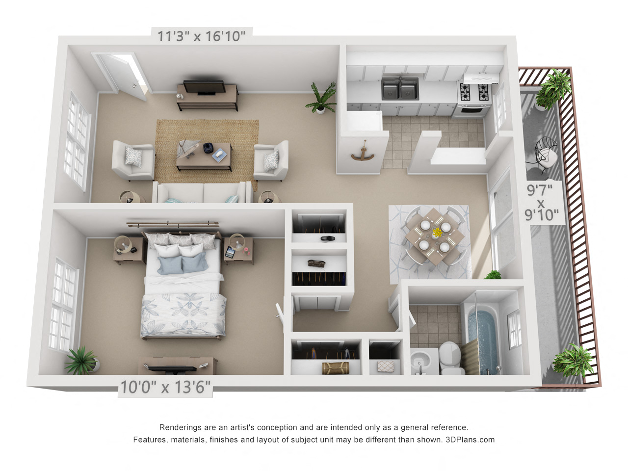 Floor plan for 1 bed, 1 bath, 631 sqft