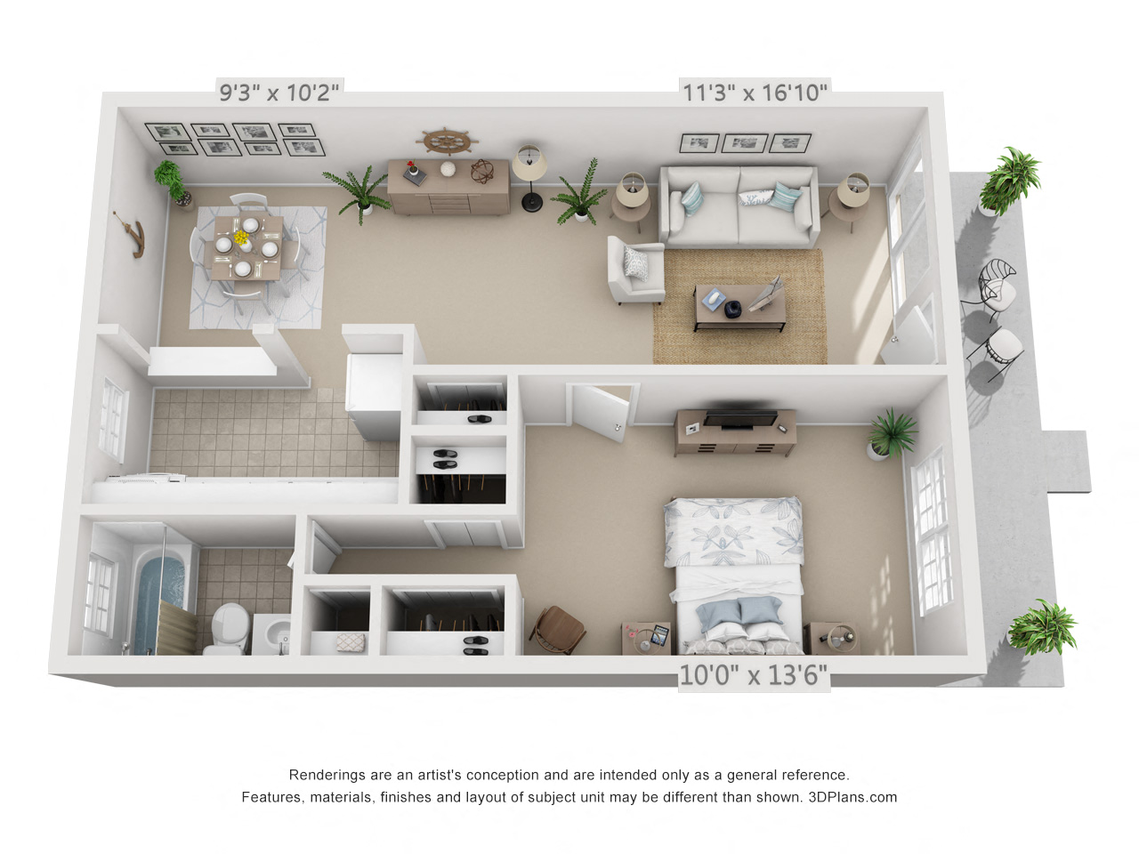 Floor plan for 1 bed, 1 bath, 631 sqft