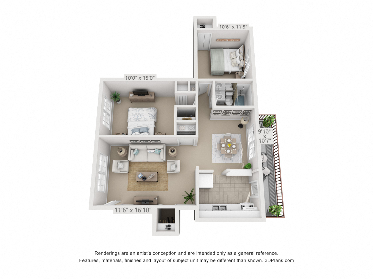 Floor plan for 2 beds, 1 bath, 758 sqft
