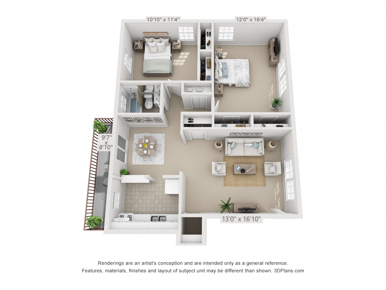 Floor plan for 2 beds, 1 bath, 966 sqft
