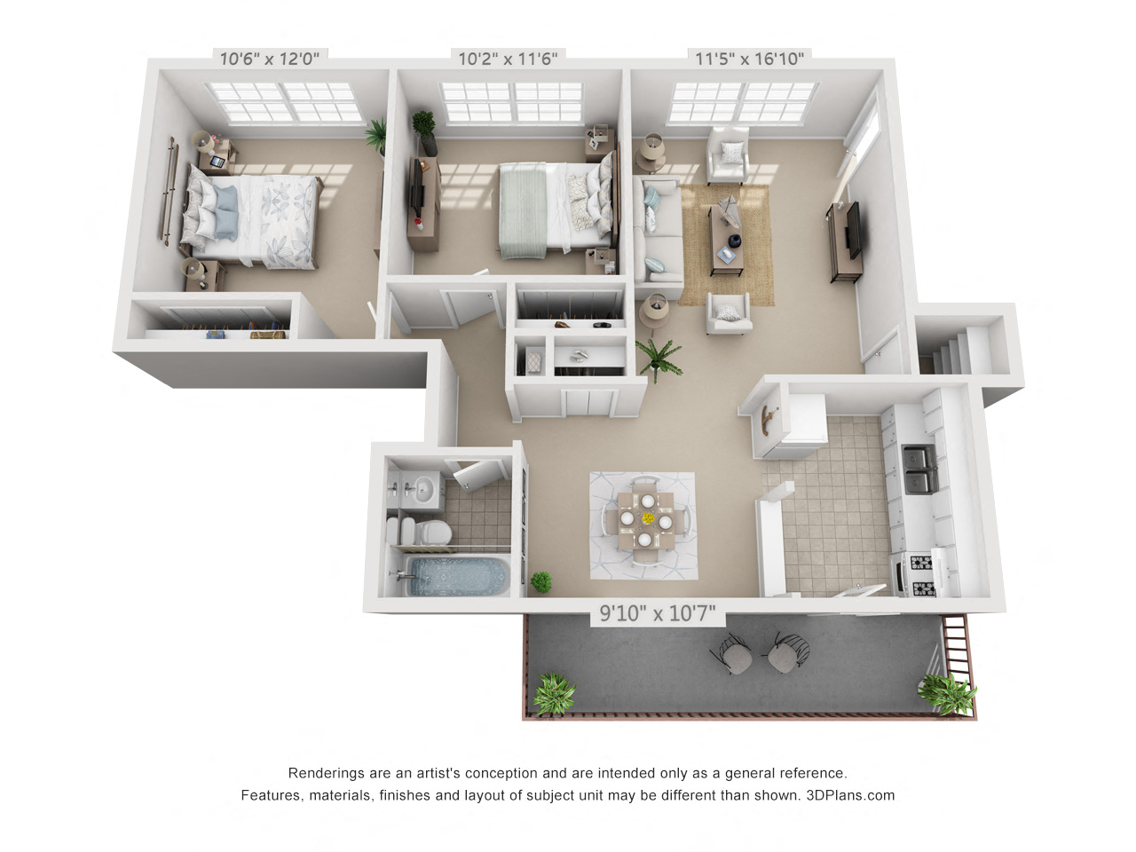 Floor plan for 2 beds, 1 bath, 758 sqft