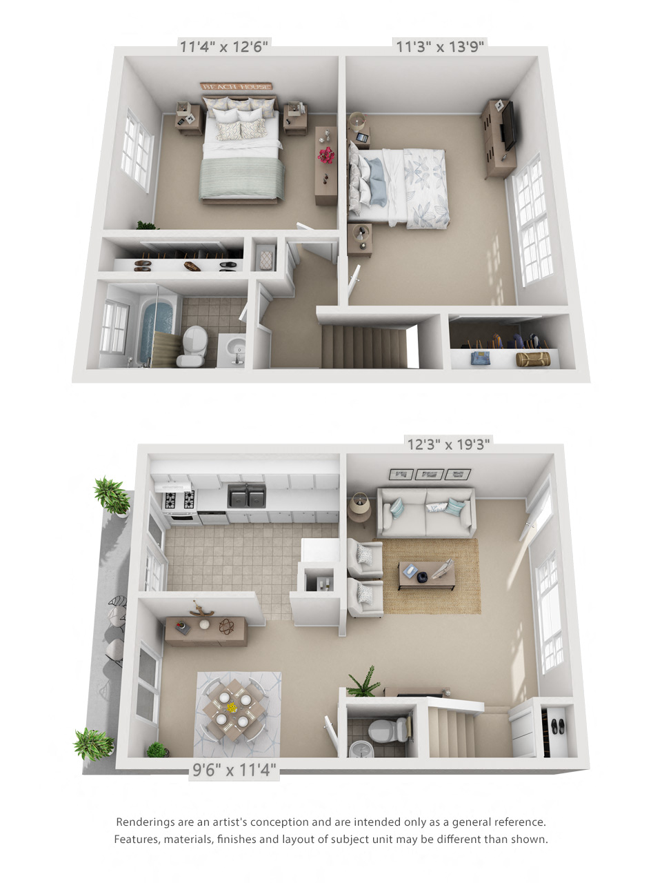 Floor plan for 2 beds, 1.5 baths, 1004 sqft
