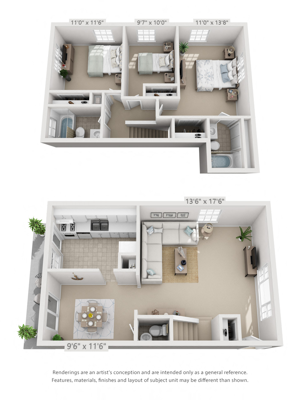 Floor plan for 3 beds, 2.5 baths, 1229 sqft