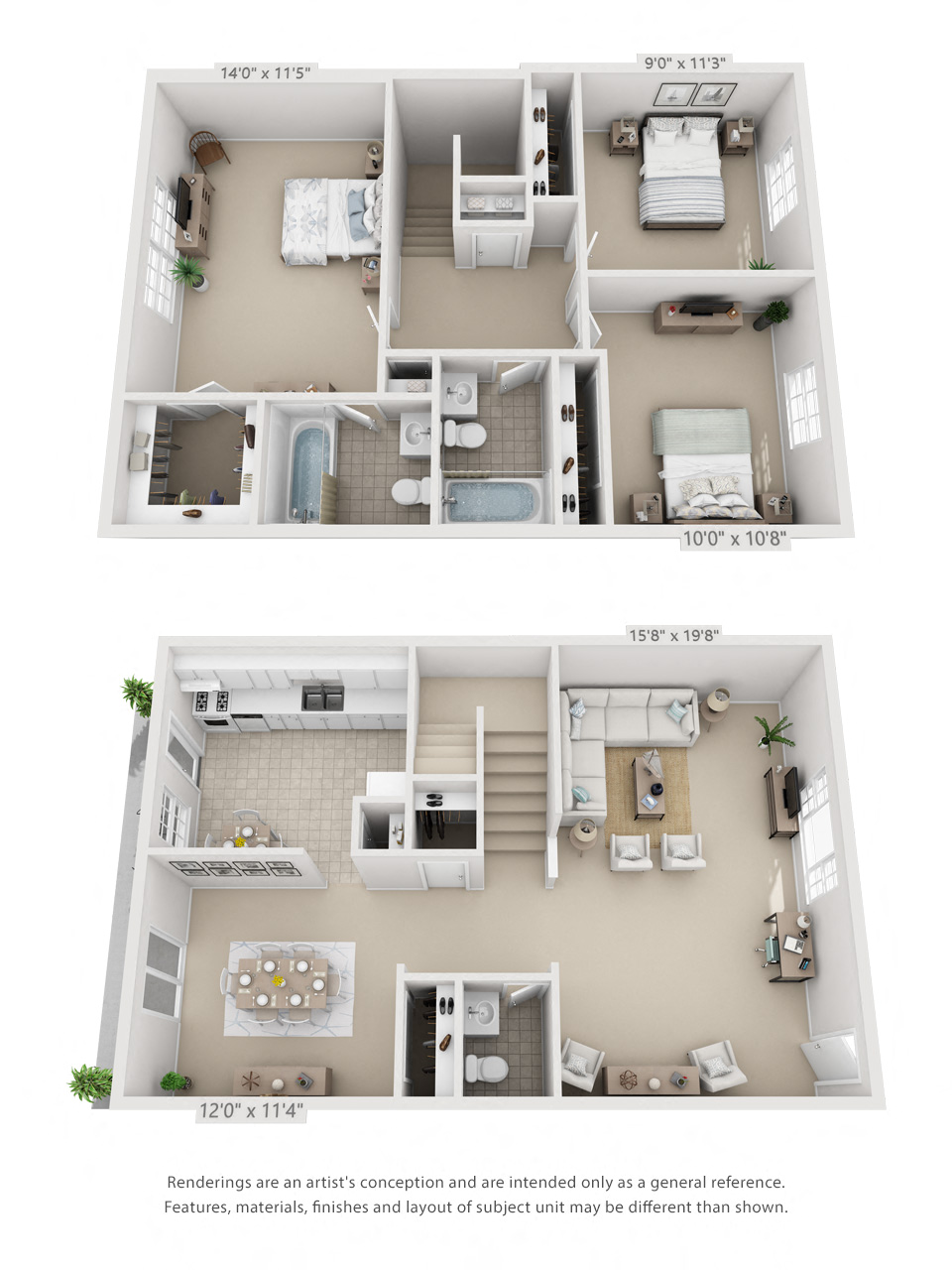 Floor plan for 3 beds, 2.5 baths, 1323 sqft
